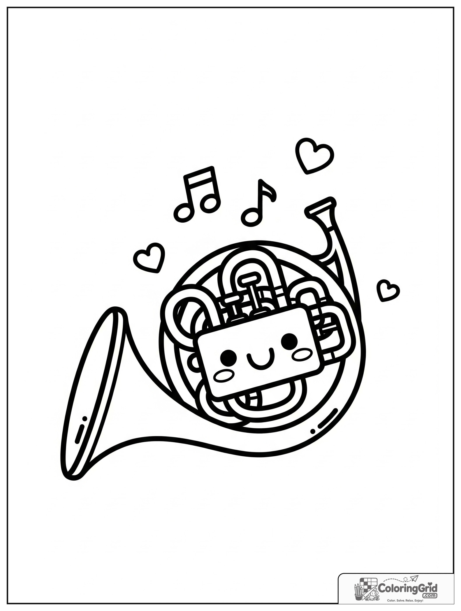 Cute smiling French horn with small heart and music note decorations.