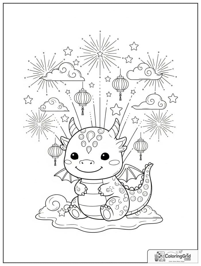 Friendly little dragon beneath fireworks.