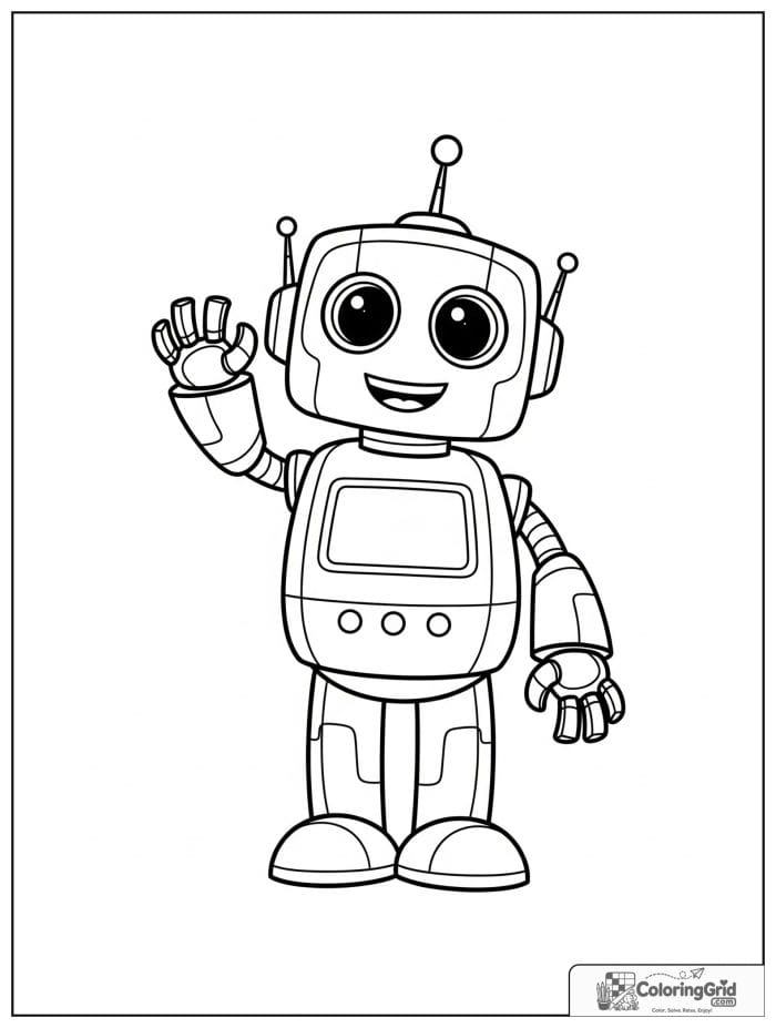 Friendly robot waving with a smiling face and simple antenna.