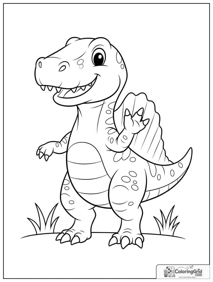 Friendly spinosaurus in a cute waving pose with grass.