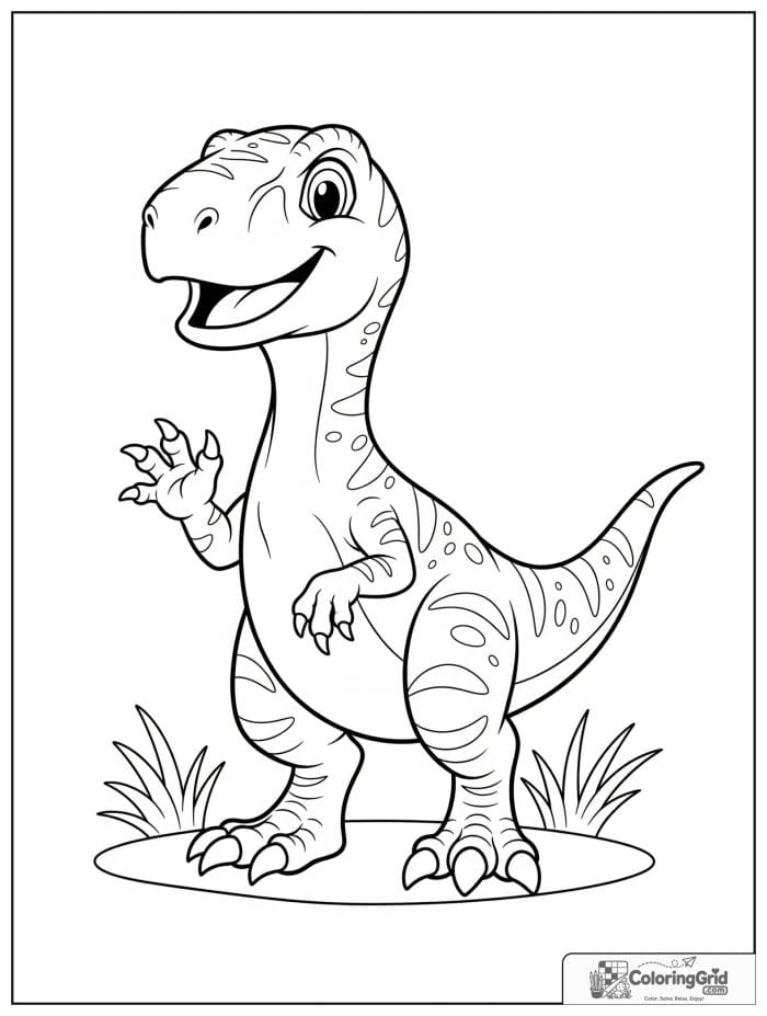 Velociraptor coloring page featuring a friendly waving velociraptor.