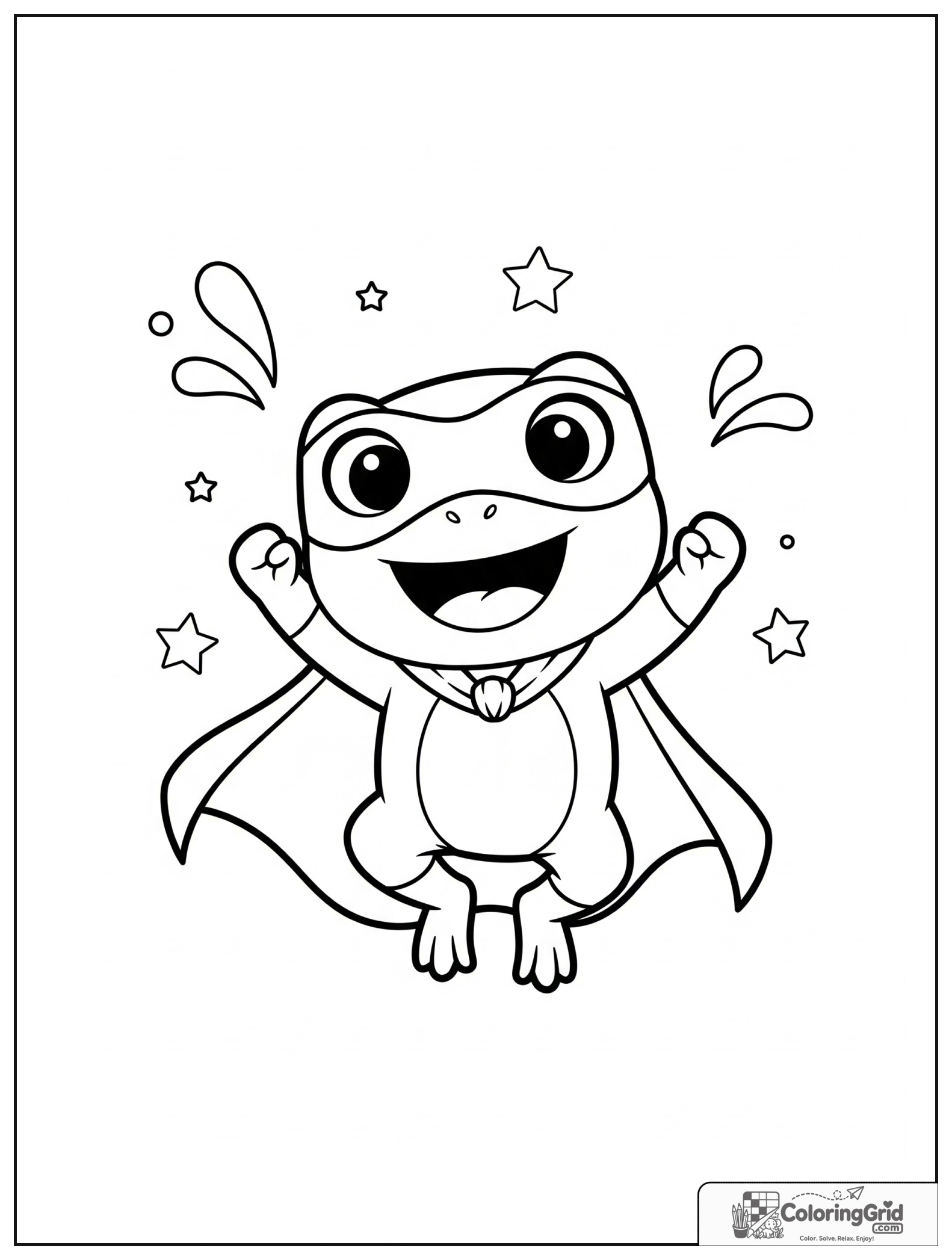 Cute frog superhero jumping with small splash and star details in the background.