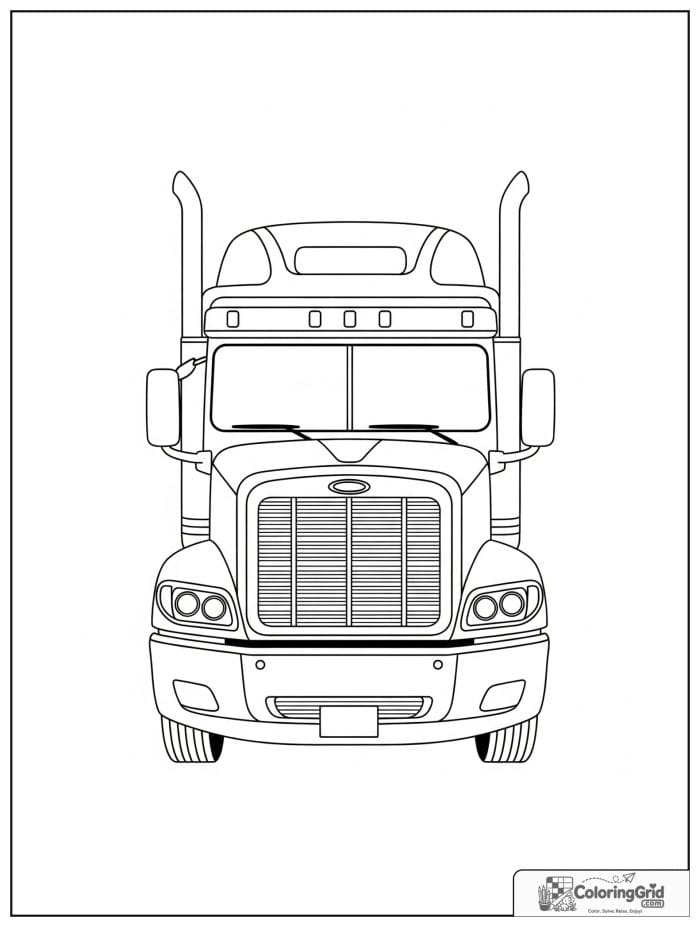 Truck coloring page featuring a front-view big rig truck.