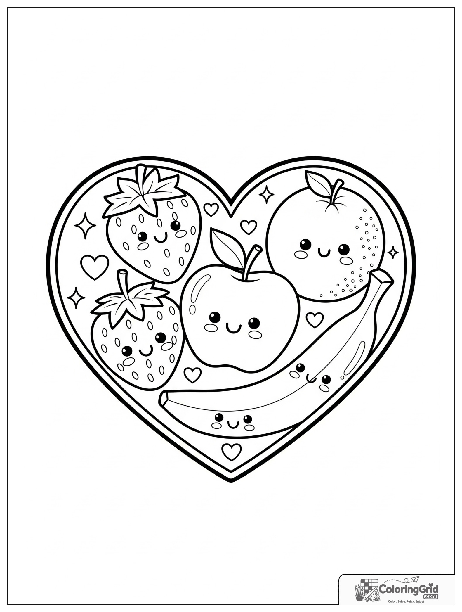 Cute fruits in a heart frame with small sparkle decorations.