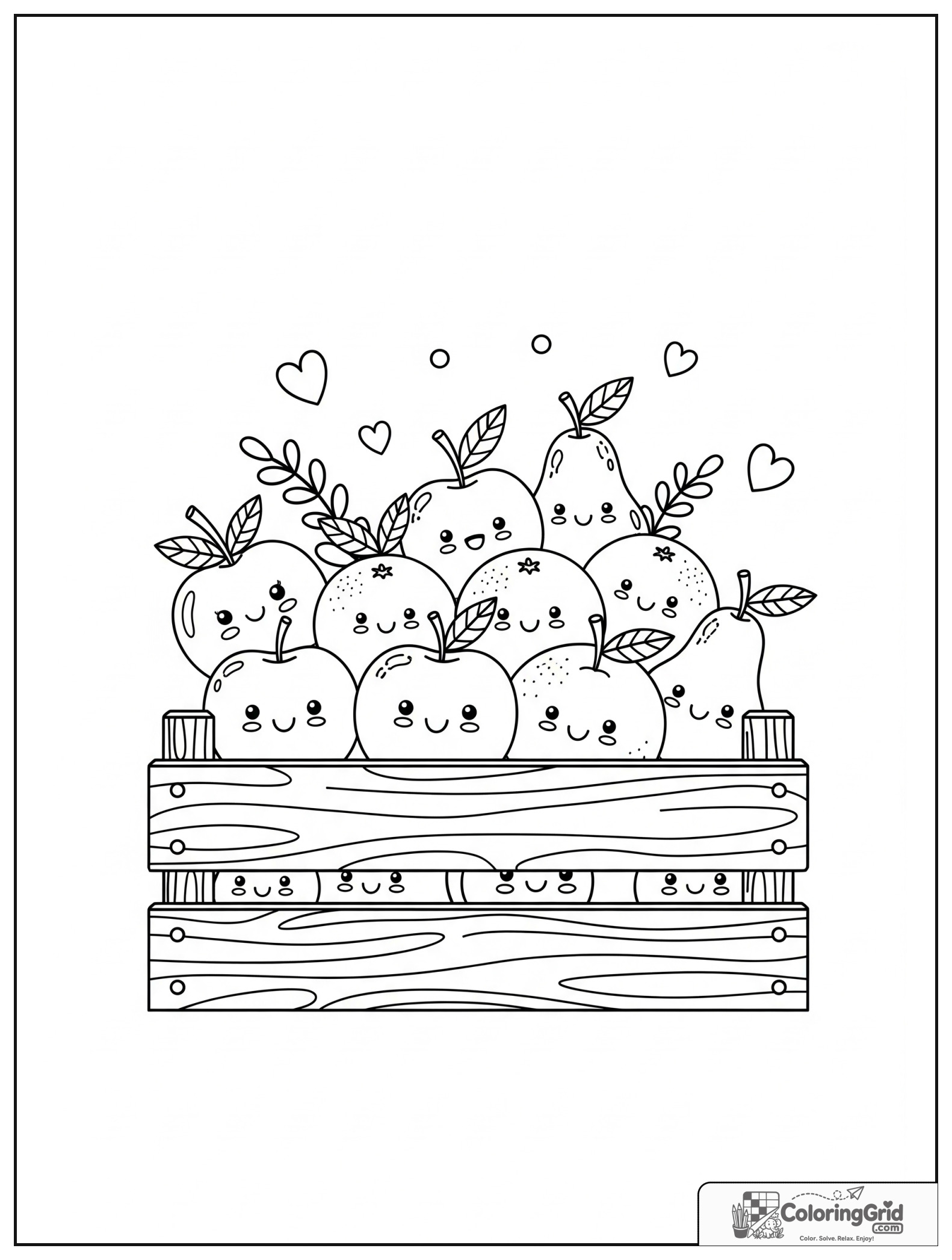 Cute fruit market crate with smiling fruits and small leaf decorations.