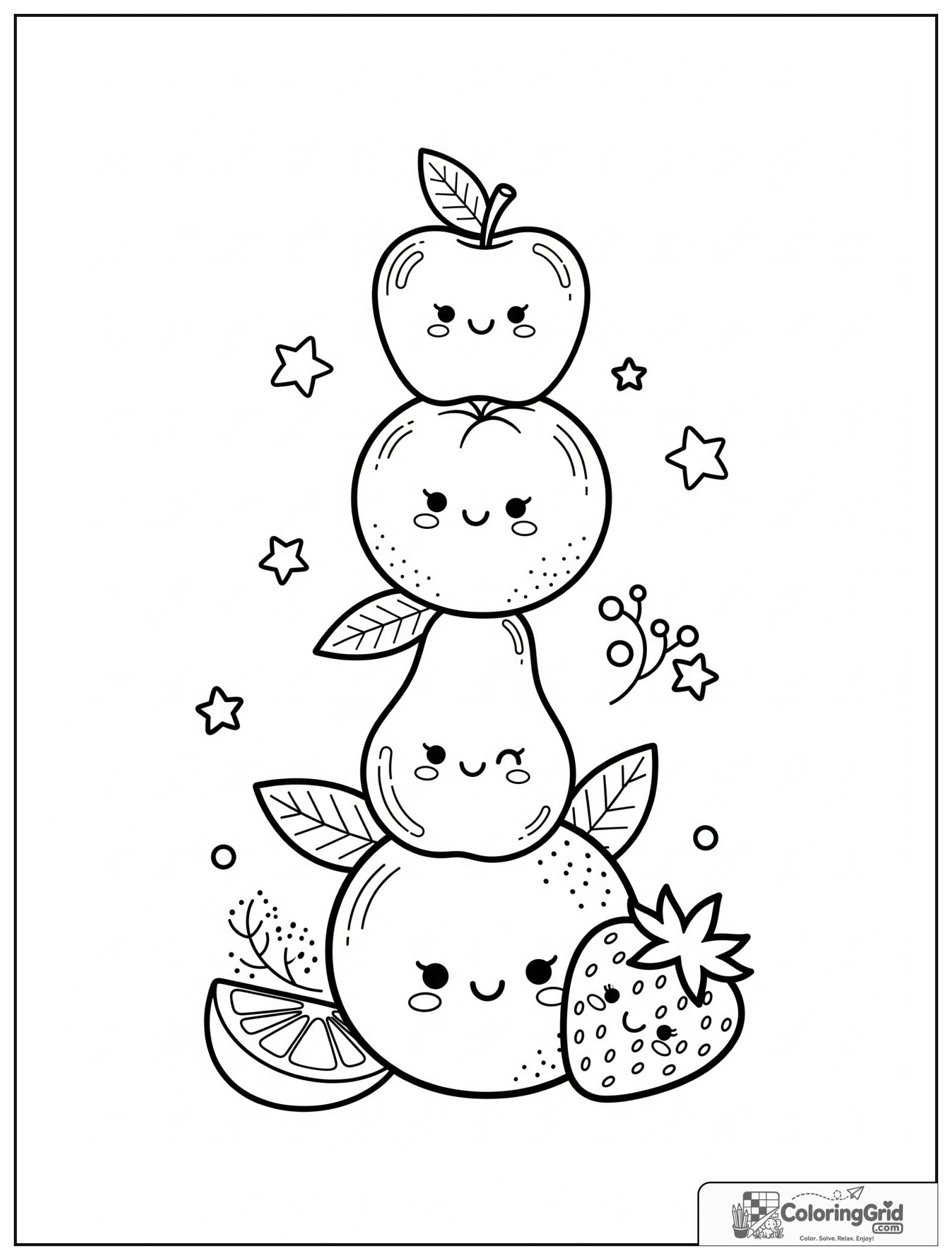 Cute fruit tower stack with small star and leaf decorations.