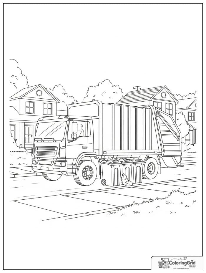 Truck coloring page featuring a garbage truck on a neighborhood route.