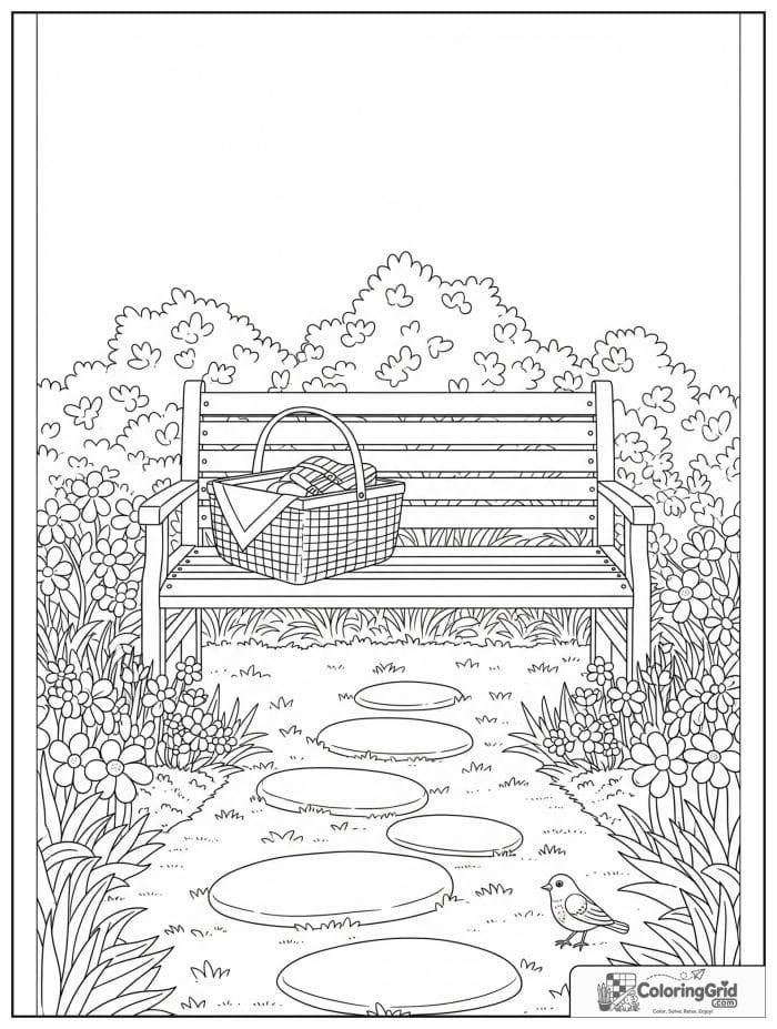 Garden coloring page featuring a bench and picnic basket among flowers.