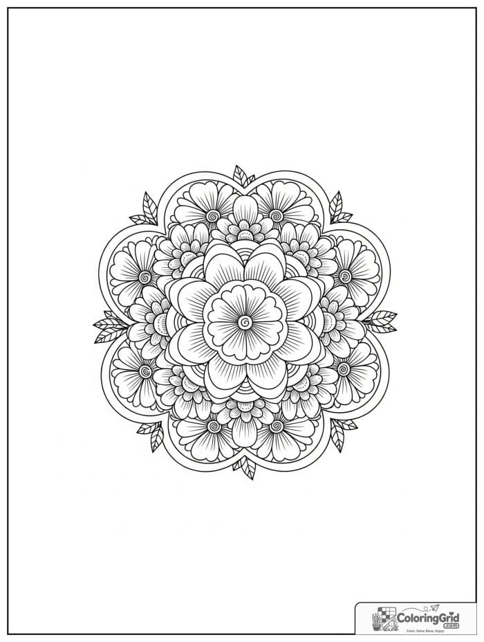 Easy mandala coloring page featuring a garden bloom arrangement.
