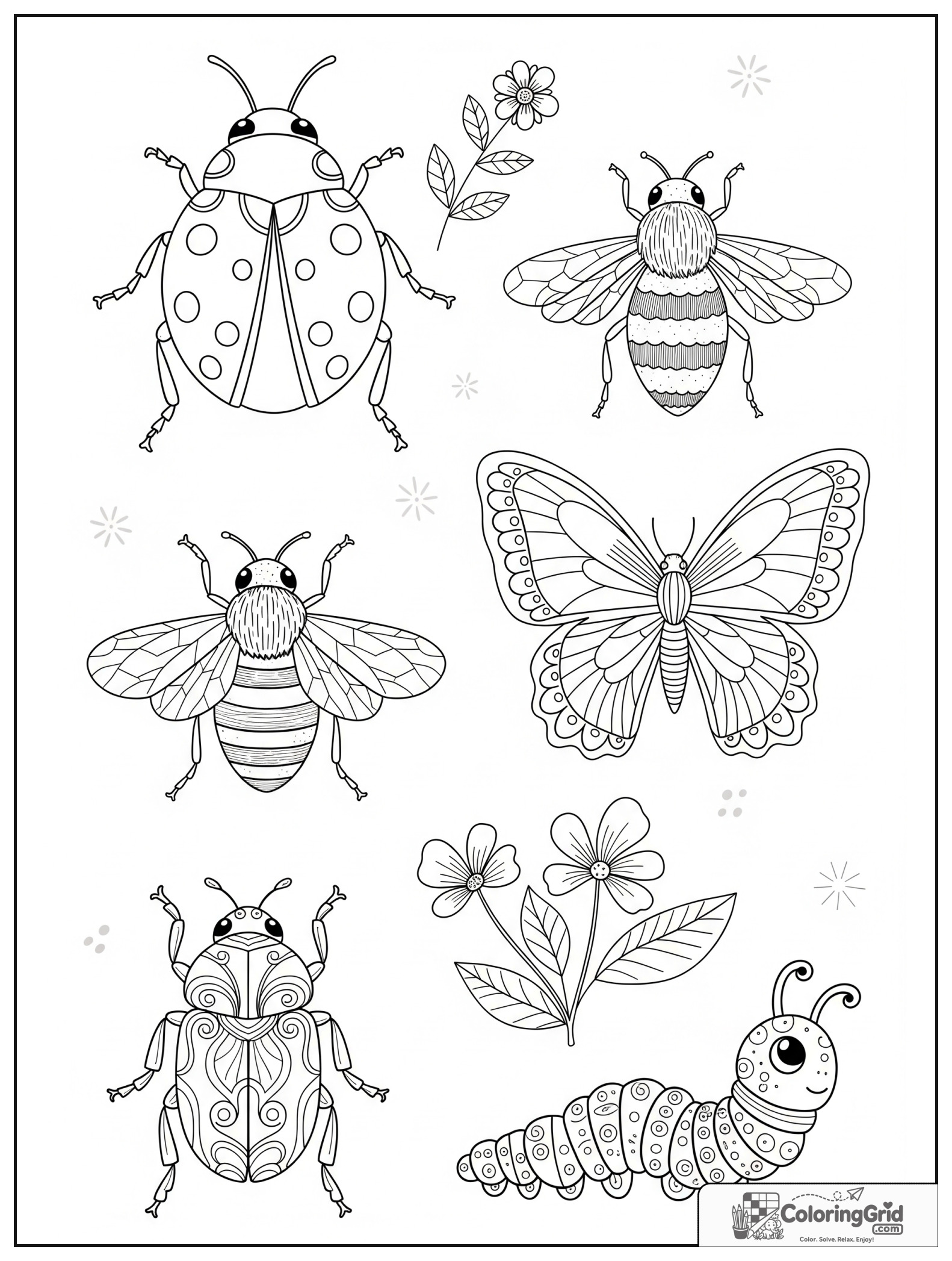 Cute garden bug scrapbook with small flower and leaf decorations.