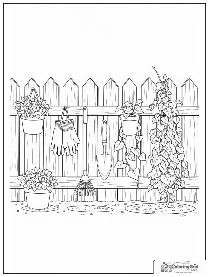 Garden coloring page featuring garden tools by a fence.