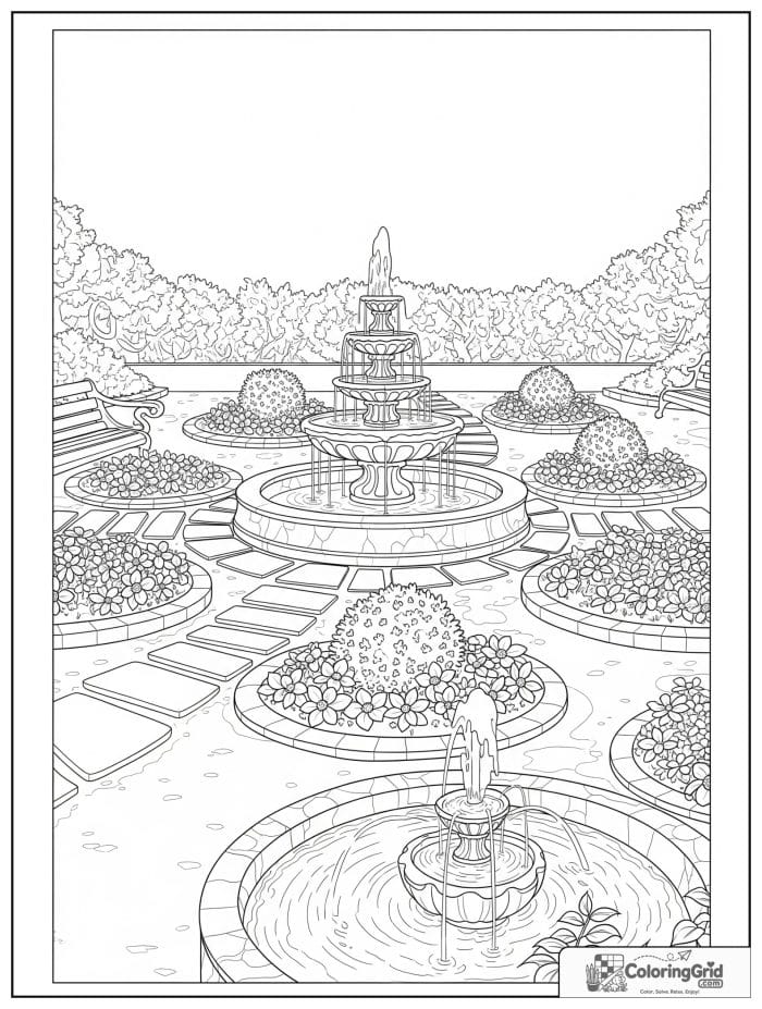 Garden coloring page featuring a fountain surrounded by flower beds.