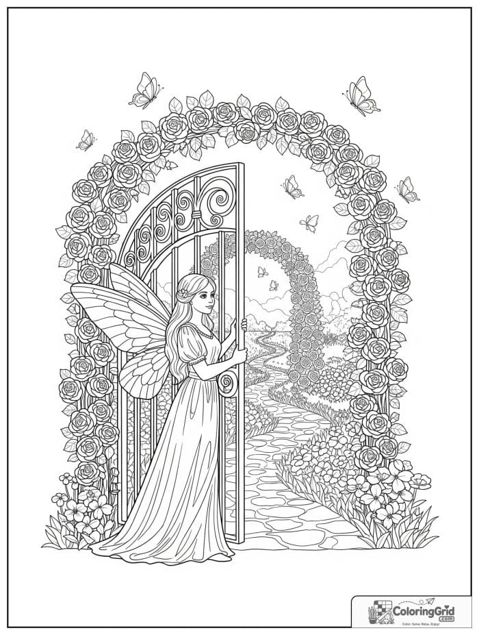 Fairy coloring page featuring a fairy opening a rose-covered garden gate.