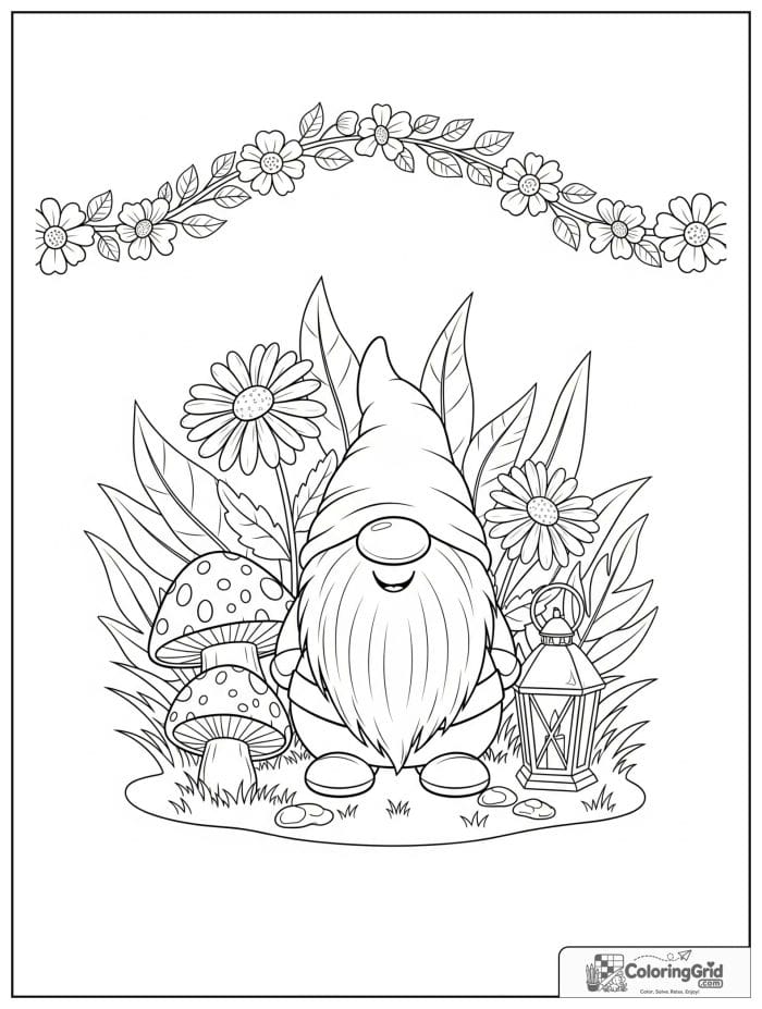 Garden coloring page featuring a garden gnome among flowers.