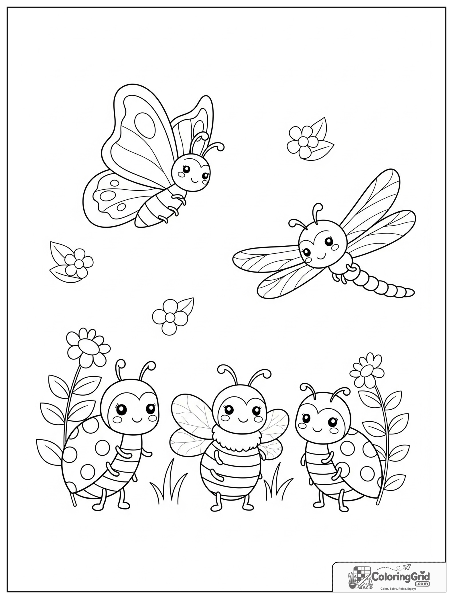 Cute garden insect lineup with small flower and leaf decorations.