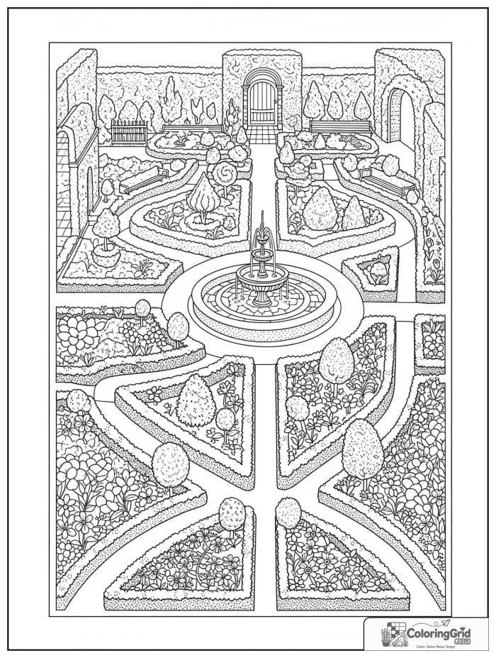 Garden coloring page featuring a hedge maze with topiary shapes.