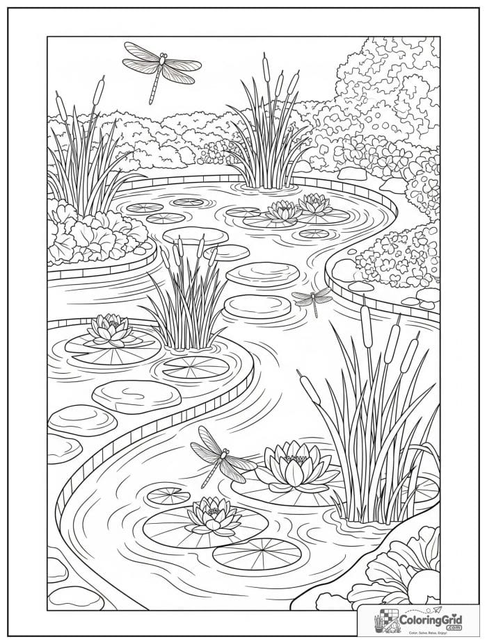 Garden coloring page featuring a pond with water lilies.