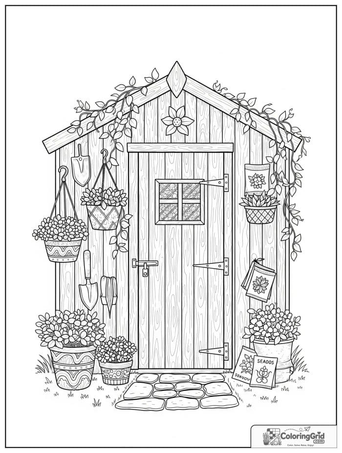 Garden coloring page featuring a garden shed with tools and flowers.