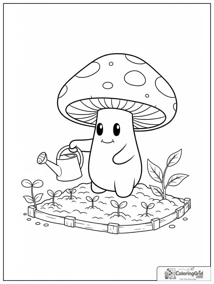 Gardener mushroom with watering can black and white
