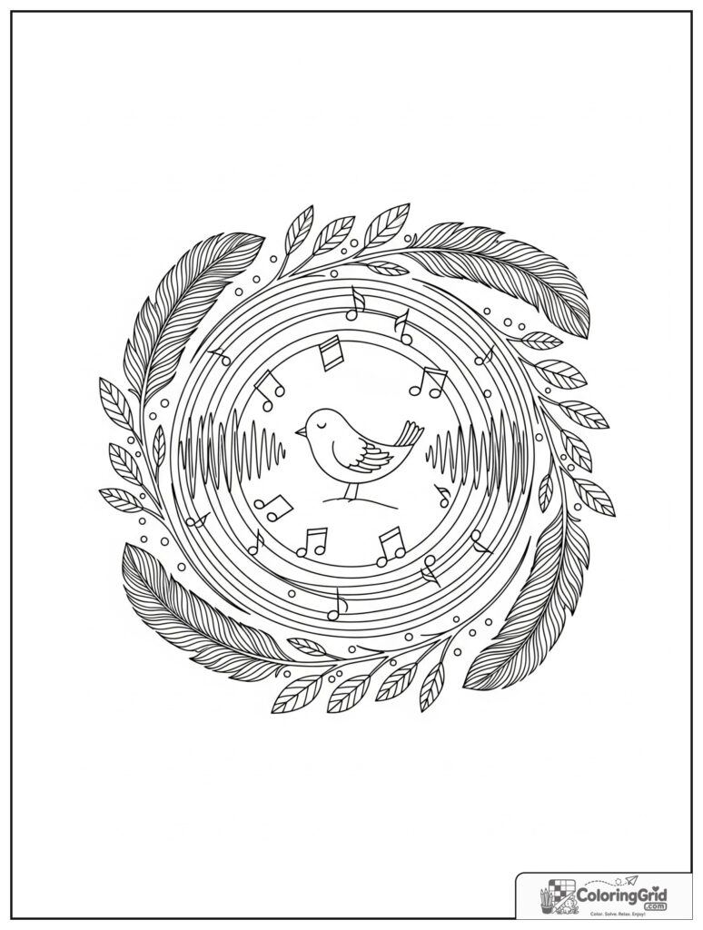 Gentle birdsong mindfulness mandala with song wave rings and feather doodles