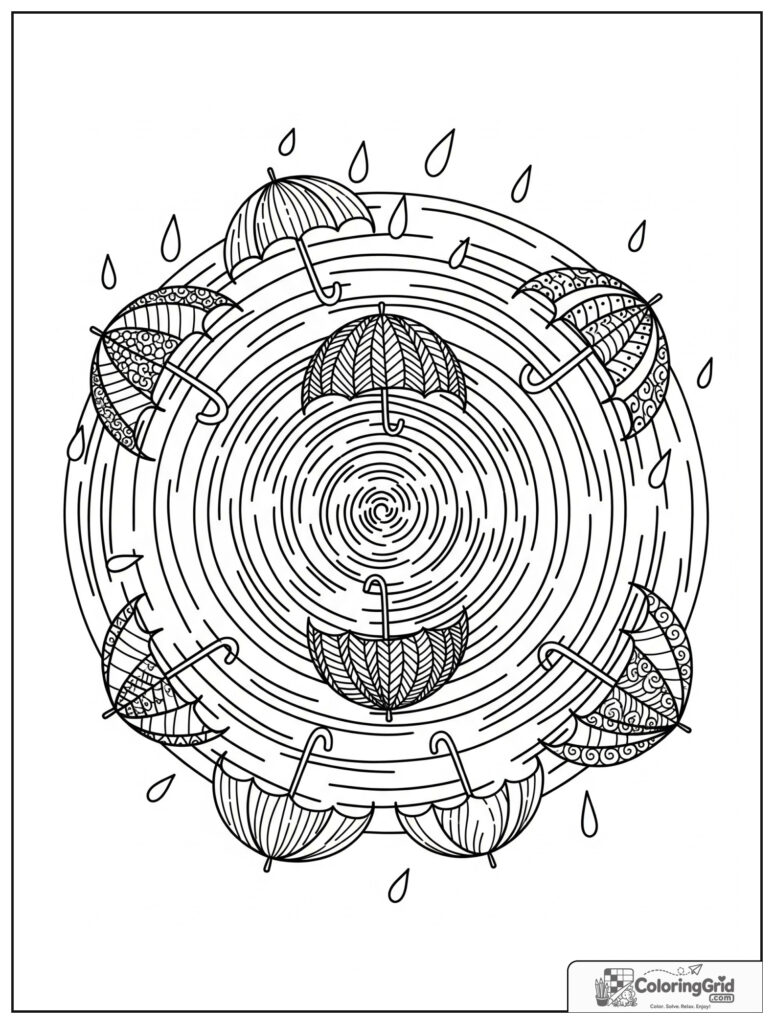 Gentle rain mindfulness mandala with ripple circles and zentangle raindrops