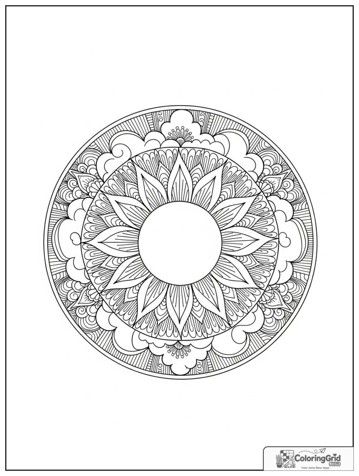 Relaxing sunbeam mandala with ray petals and cloud arcs.