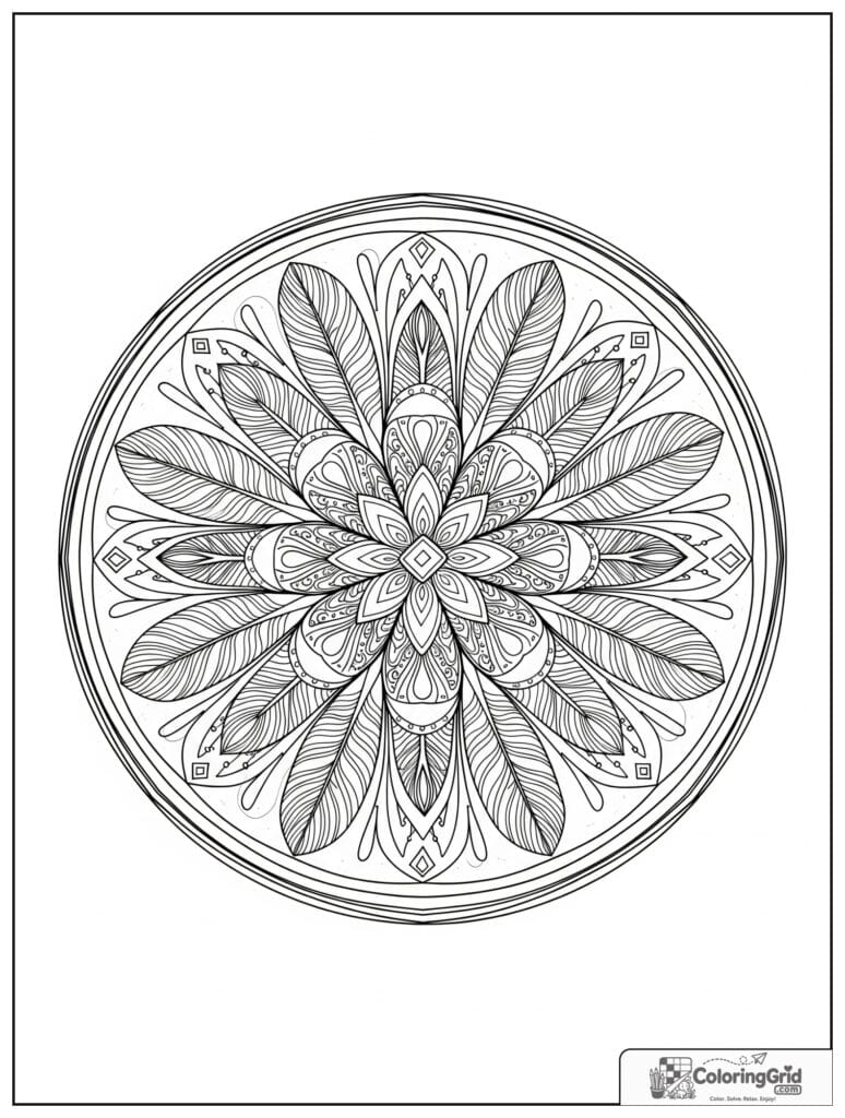Geometric feather mandala with zentangle plume doodles