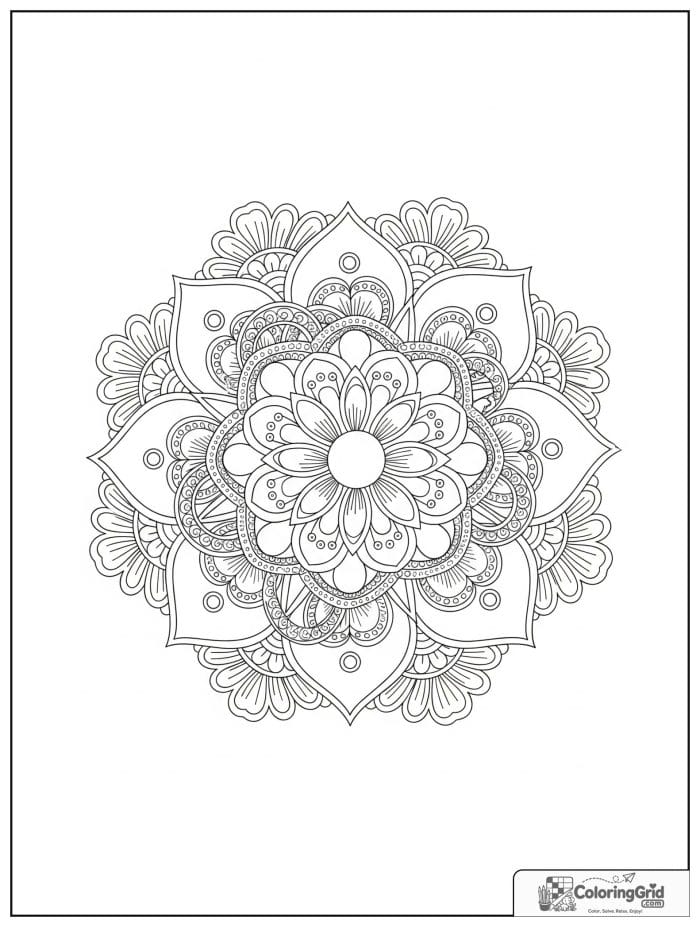 Flower mandala combining petals with geometric circles and diamonds.