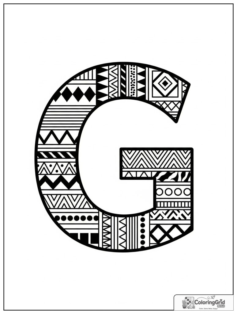 Geometric letter G adult alphabet coloring design with pattern art