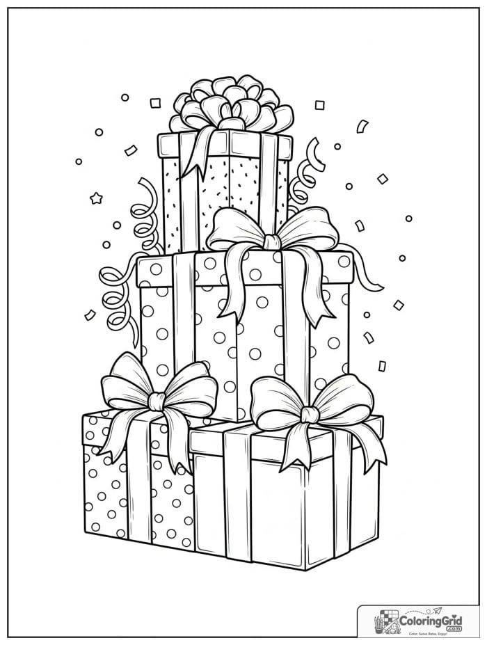 Birthday coloring page featuring stacked gift boxes with bows.