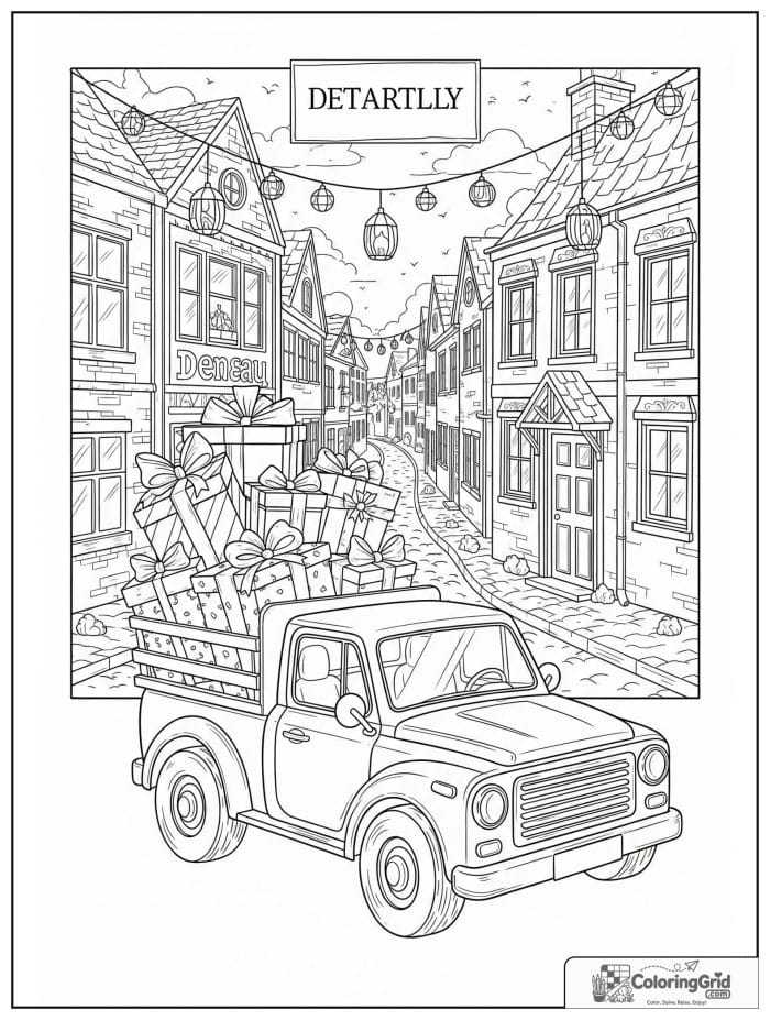 Truck coloring page featuring a truck loaded with gift packages.