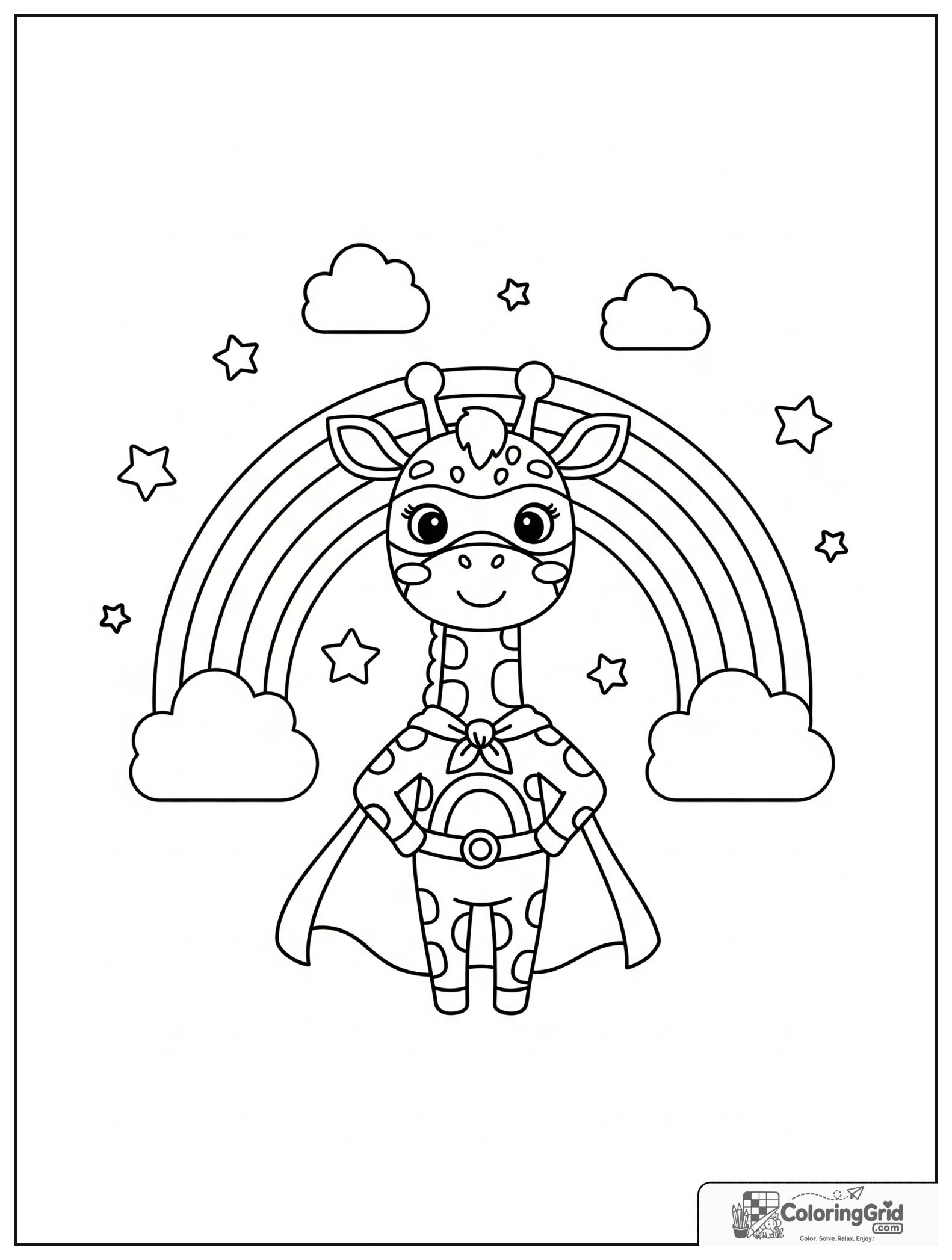 Cute giraffe superhero under a rainbow with small cloud details in the background.