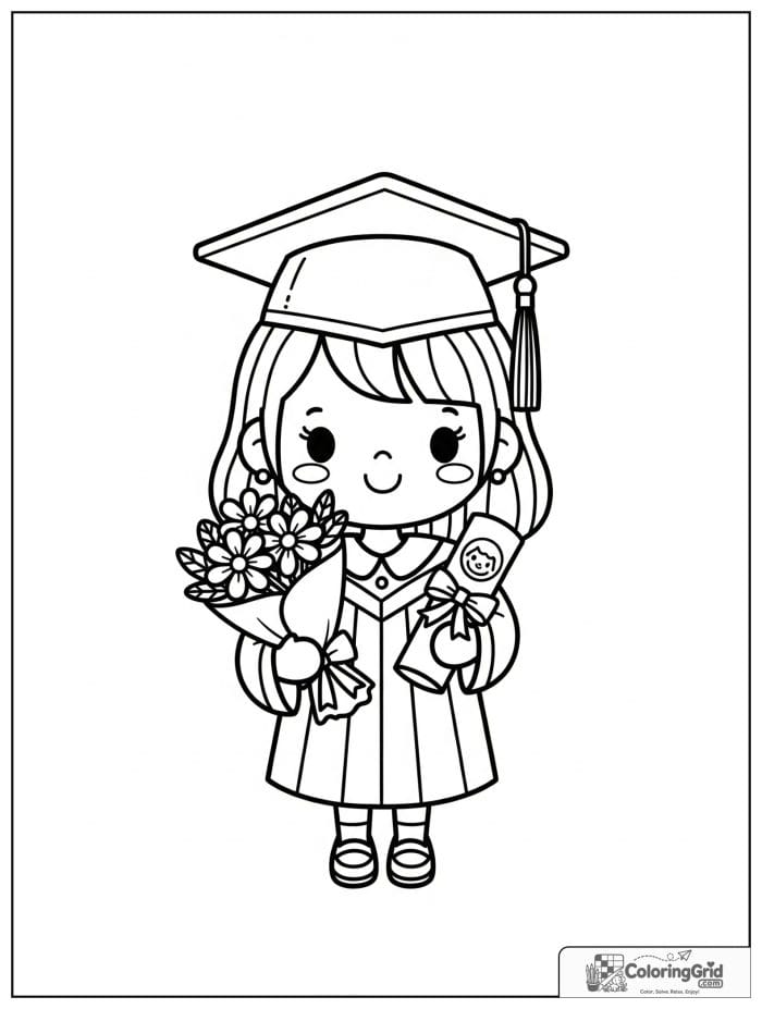 Girl graduate holding flowers and a diploma.