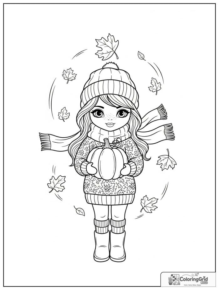 Fall Coloring Pages showing a girl in a sweater holding a pumpkin.