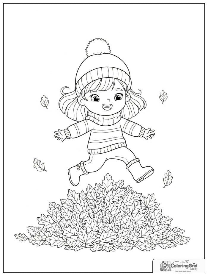 Autumn Leaves Coloring Pages featuring a girl jumping into leaves.