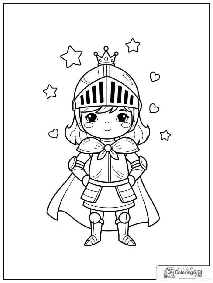 Knight Coloring Pages featuring a cute girl knight with a cape and crown.