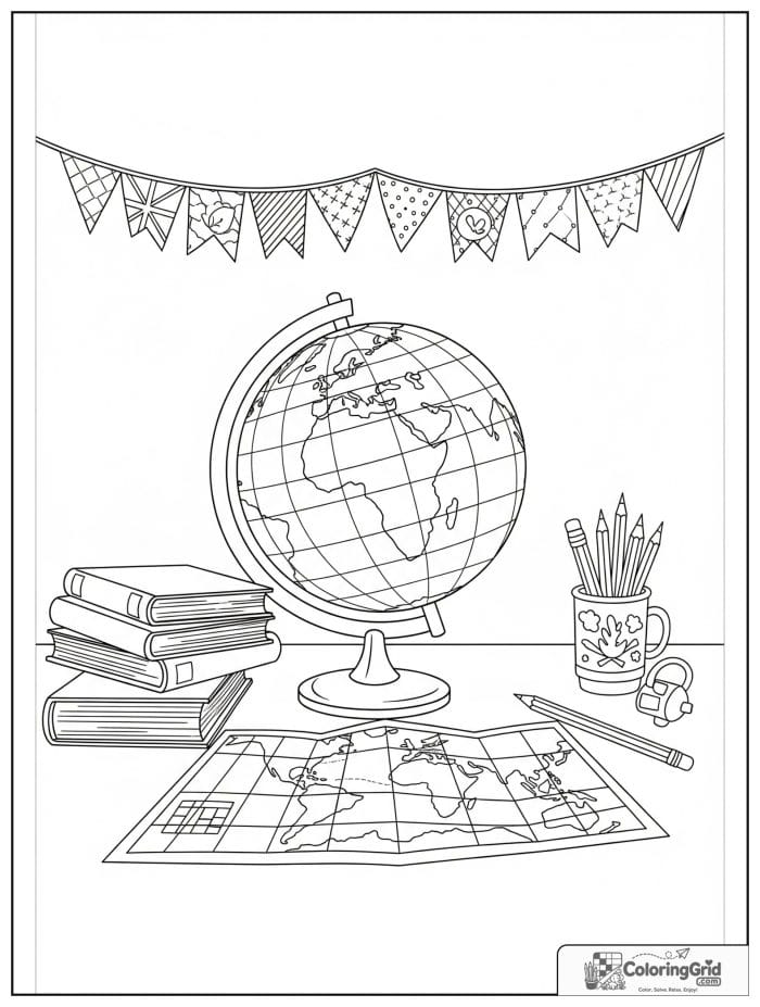 Back to school coloring page featuring a globe and geography books.