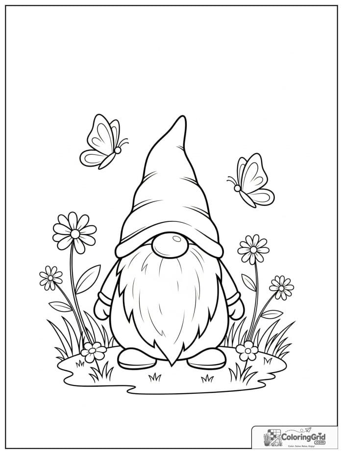 Gnome Coloring Pages showing a gnome in a butterfly meadow.