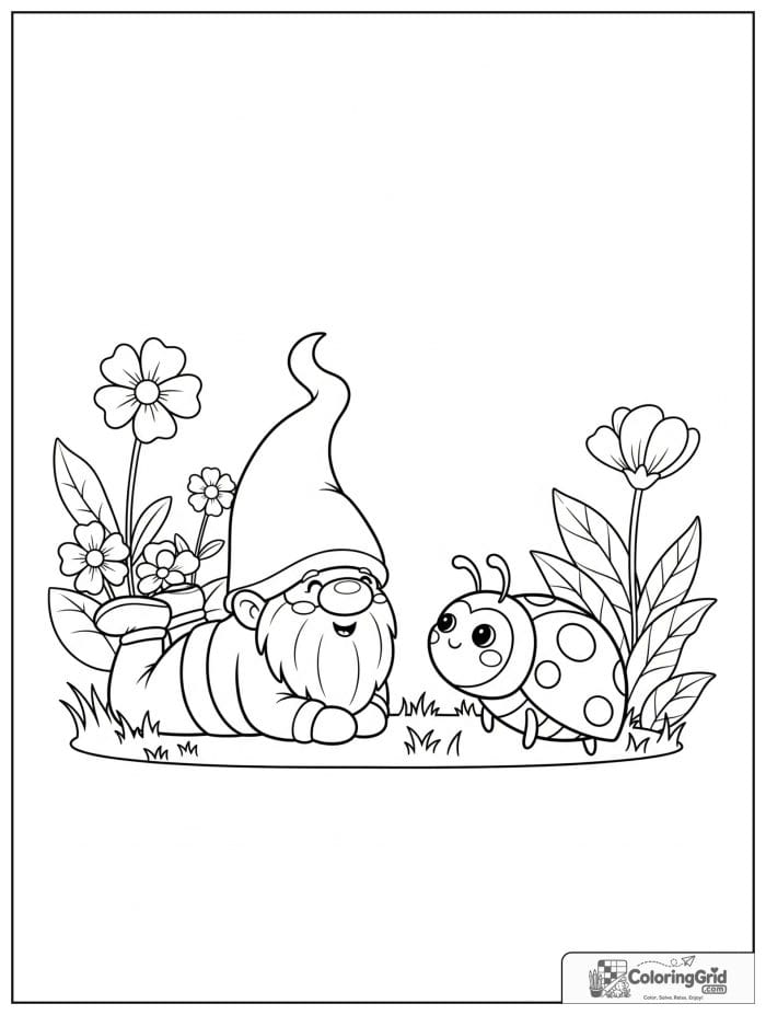 Gnome Coloring Pages featuring a gnome and a friendly ladybug.