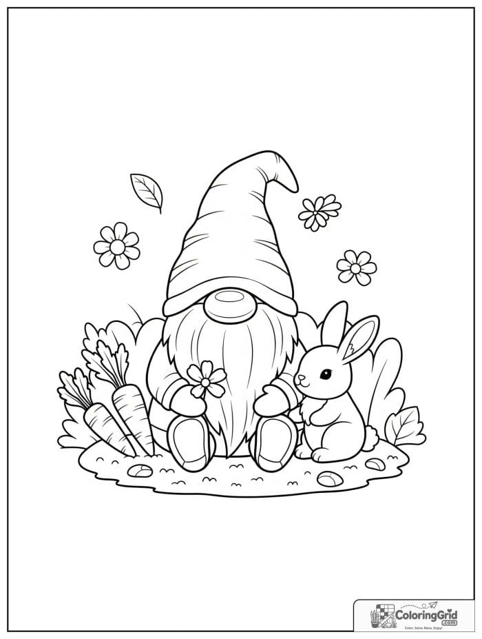 Gnome Coloring Pages showing a gnome with a rabbit in the garden.