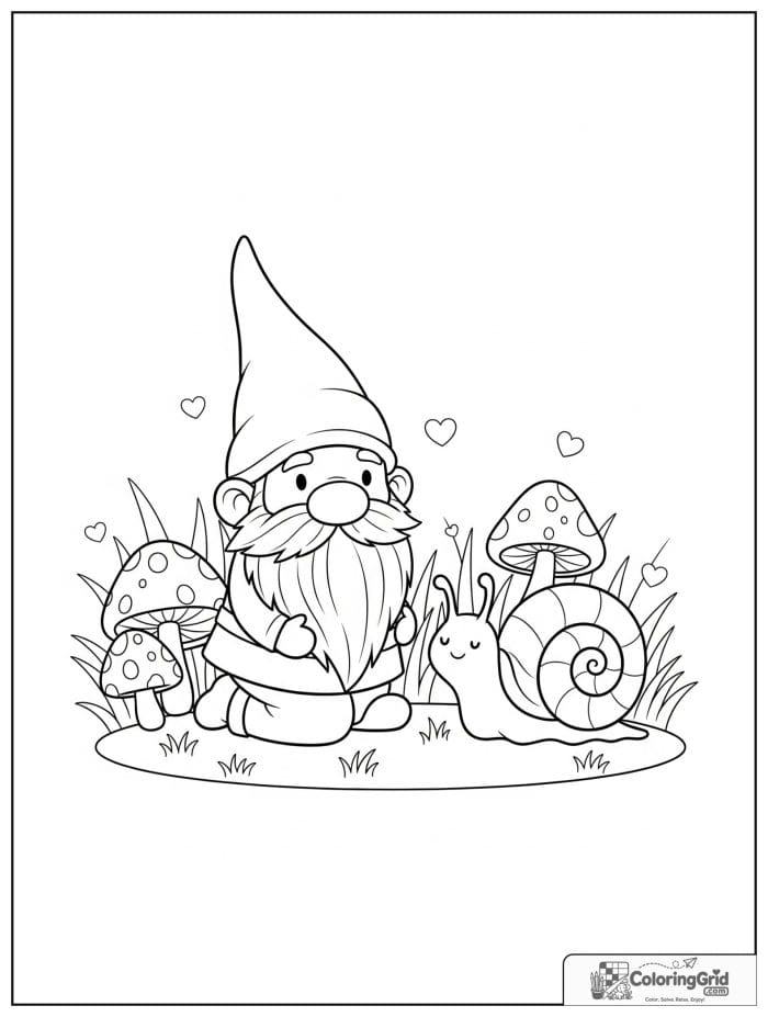 Gnome Coloring Pages showing a gnome with a snail garden friend.