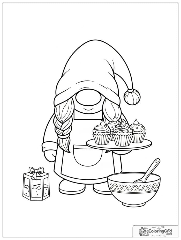 Gnome Coloring Pages showing a gnome baking cupcakes.