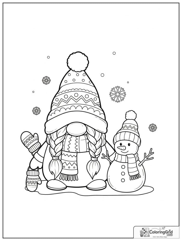 Gnome Coloring Pages featuring a winter gnome building a snowman.