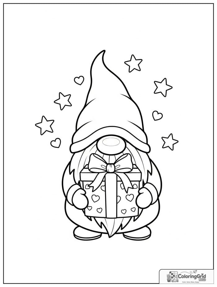 Gnome Coloring Pages showing a gnome carrying a gift box.