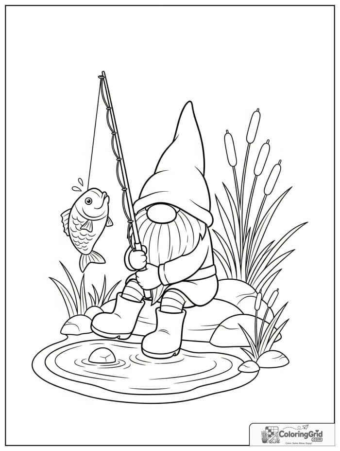 Gnome Coloring Pages showing a gnome fishing at a pond.