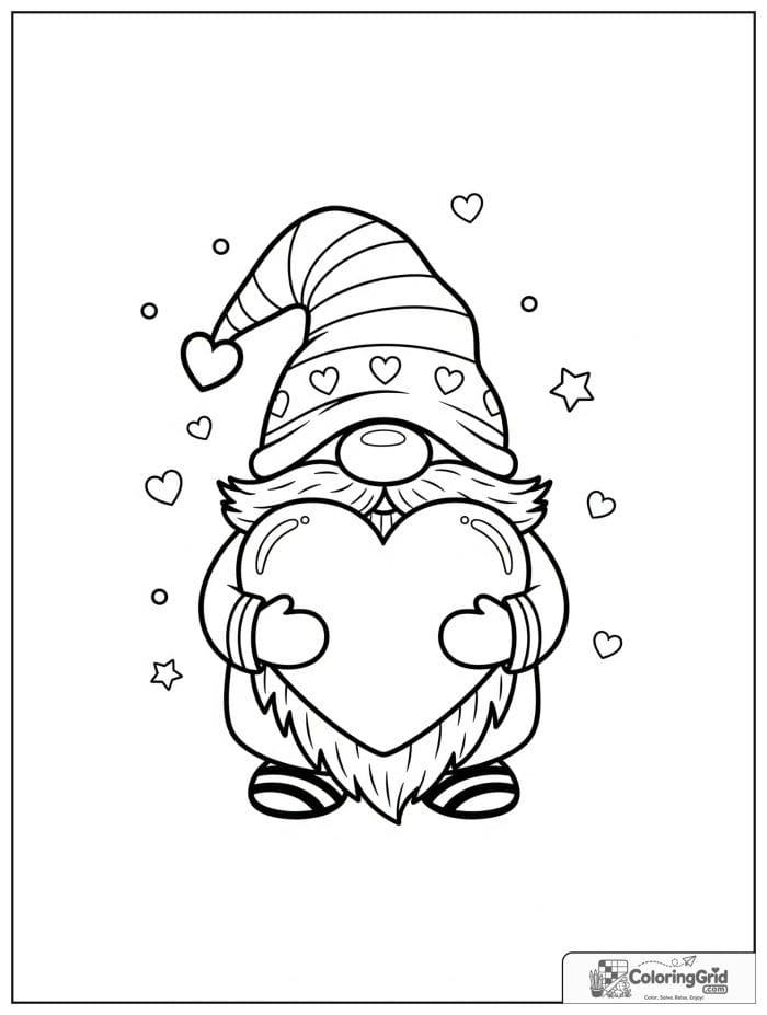 Gnome Coloring Pages featuring a gnome holding a large heart.