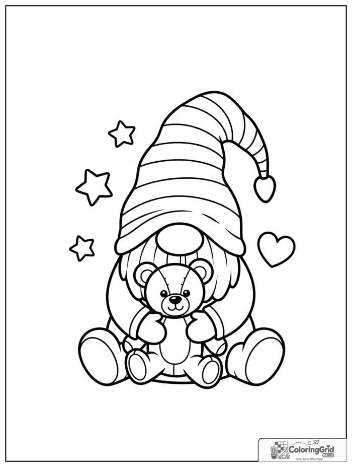 Gnome Coloring Pages featuring a gnome hugging a teddy bear.