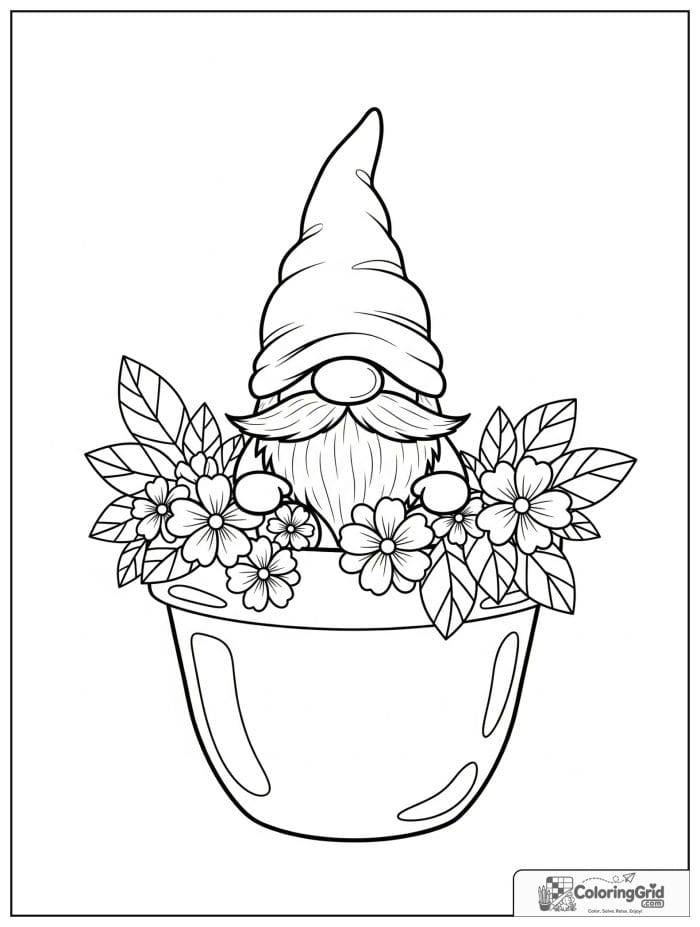 Gnome Coloring Pages showing a tiny gnome in a flower pot.
