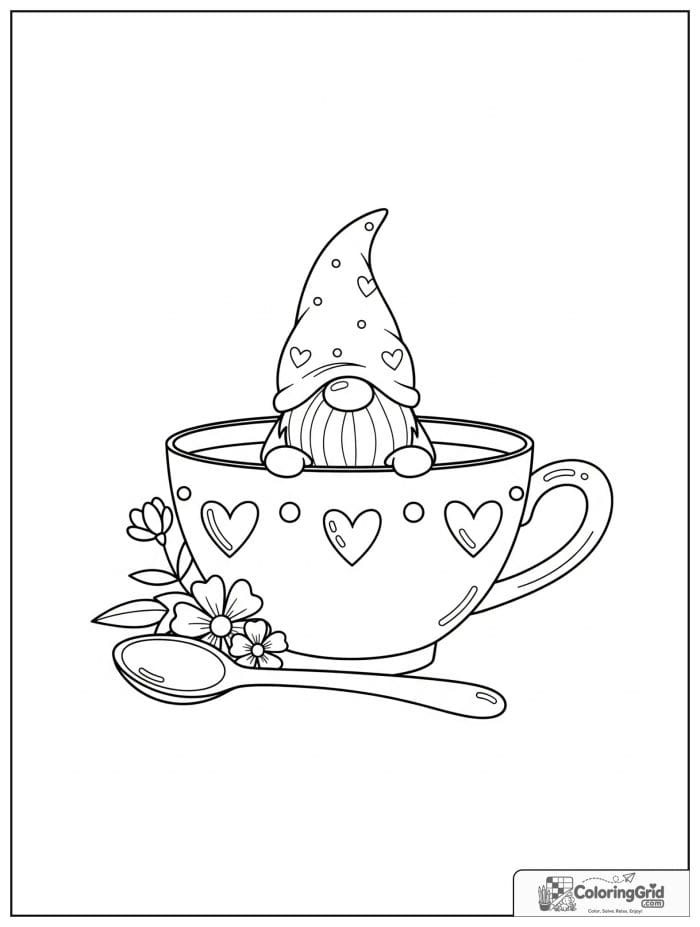 Gnome Coloring Pages featuring a tiny gnome in a teacup.