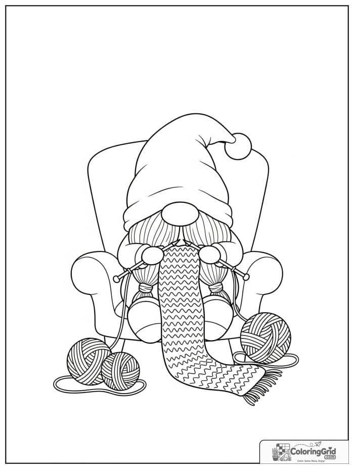 Gnome Coloring Pages showing a gnome knitting a scarf.